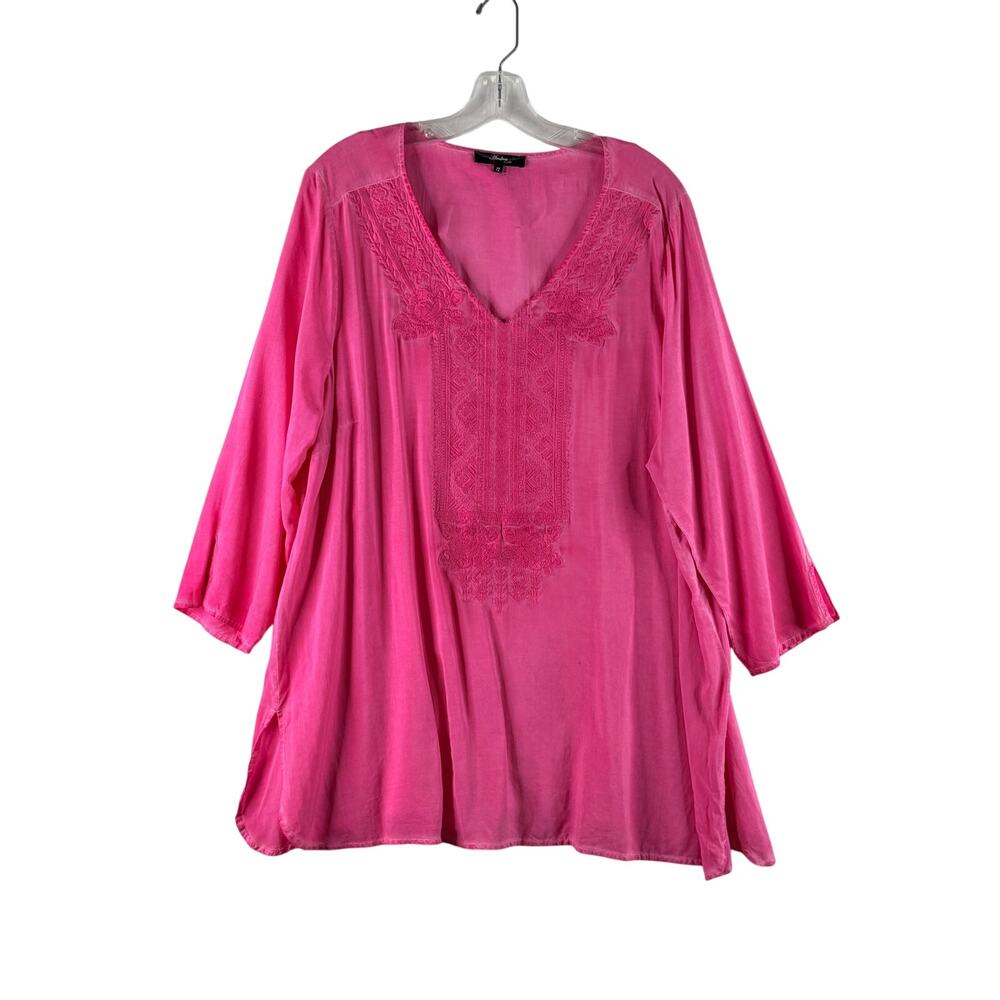 Andree by Unit 3/4 Sleeve Embroidered Tunic Top Lightweight Rayon Pink Womens 1X